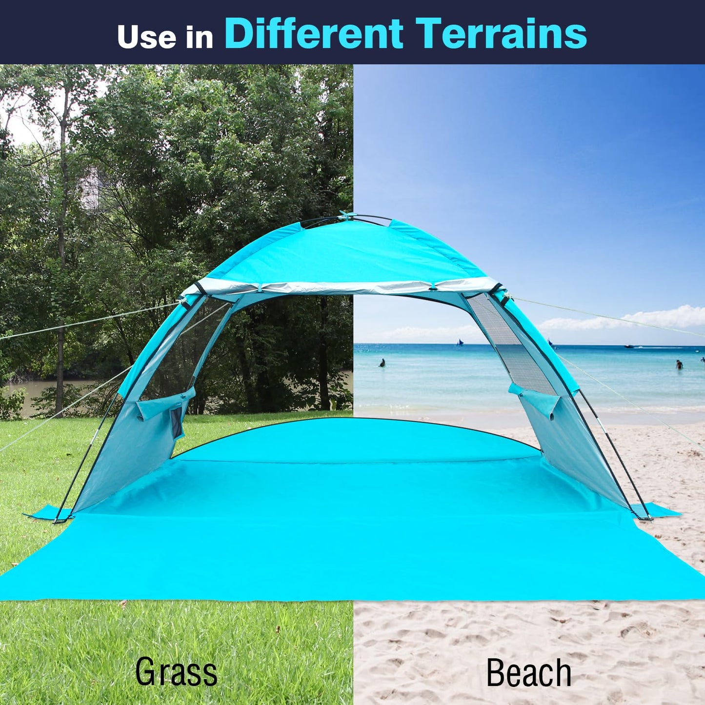 DLUCKY Beach Tent for 1/2-3/4 Person,Anti-UV Portable Sun Shade ShelterUPF 50+,Both Sides Extendable Floor,Extendable Awning,with 2 Ventilating Mesh Windows,Lightweight & Easy Setup.