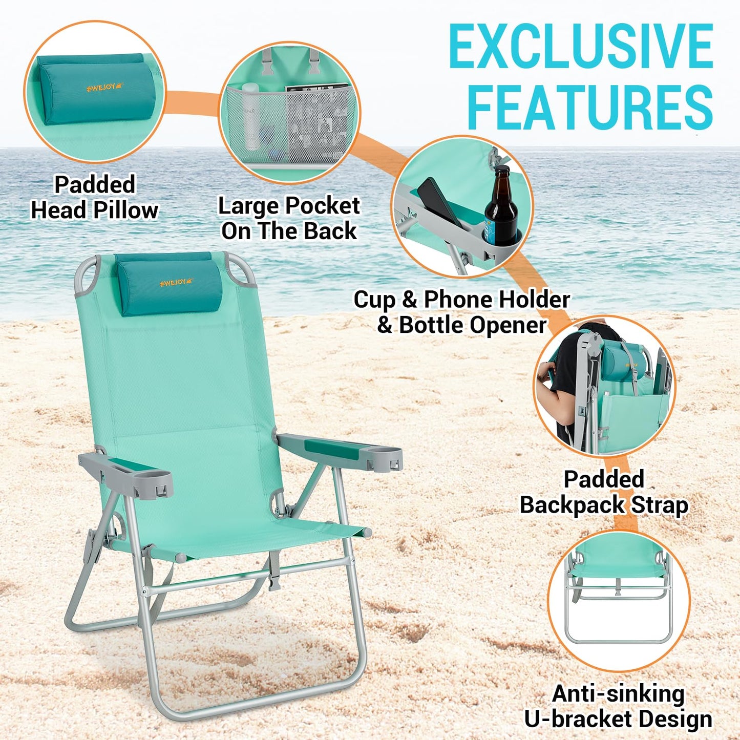 #WEJOY Beach Chairs for Adults Aluminum HeavyDuty Folding Reclining Beach Chair with 5 Positions for Outdoor Lawn, Support 300LBS Portable Camping Chair with Headrest,Cup Holder and Bottle Opener