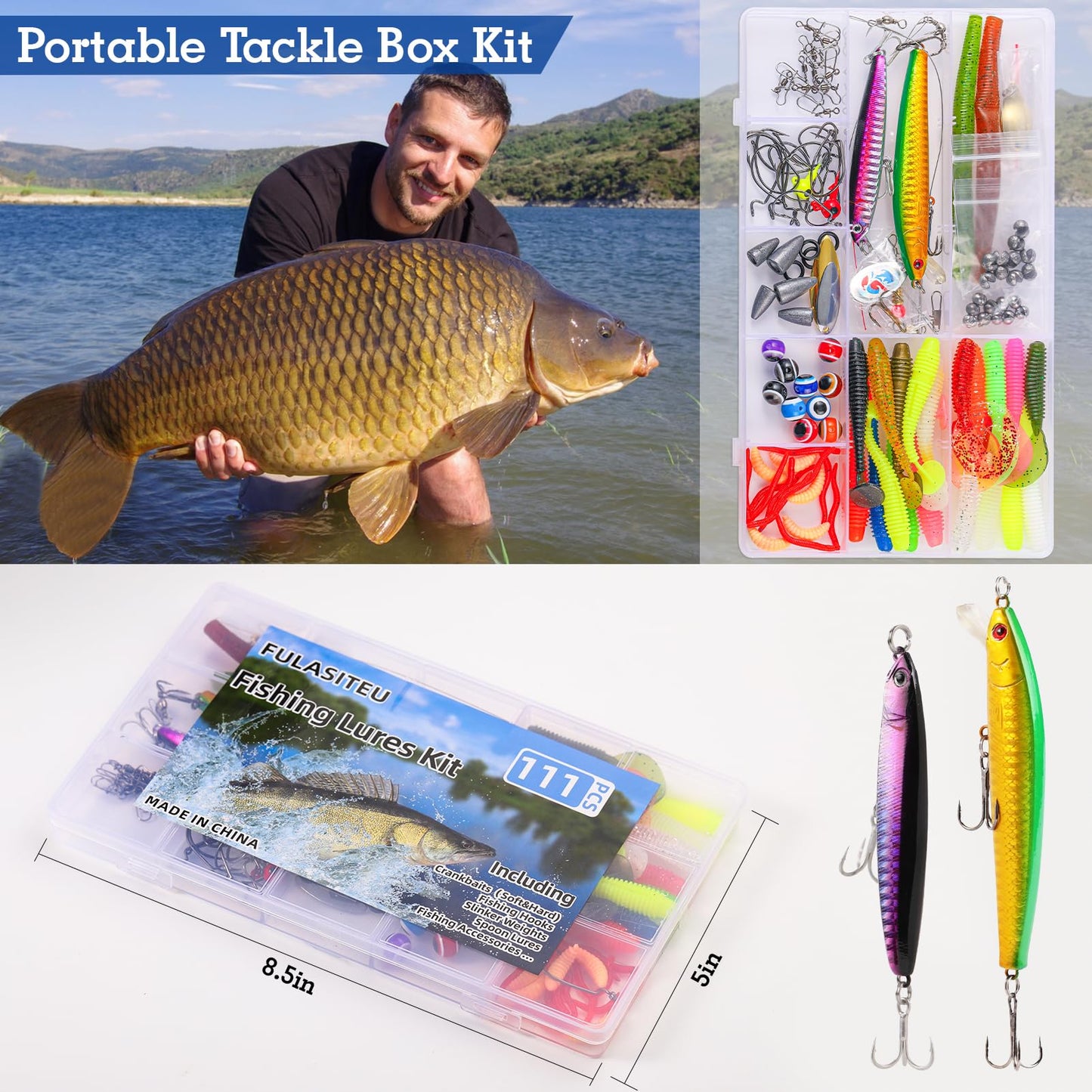 111PCS Fishing Lures Kit with Tackle Box for Bass Trout Salmon,Freshwater Bait Tackle Kit Included Crankbaits Spoon Hooks Weights and Other Fish Accessories,Men's Fishing Lure Gear Set Gifts