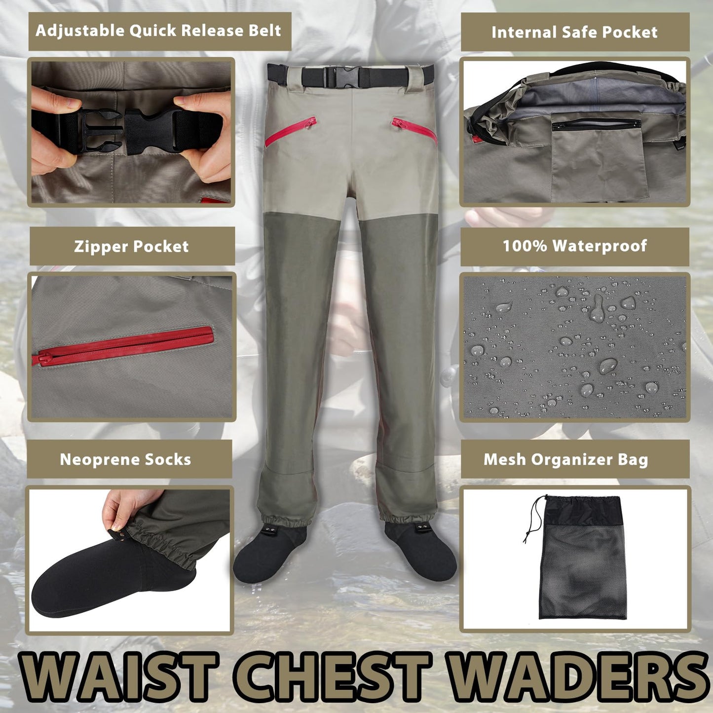 JUSTOOP Waist Wader Pants for Men and Women, 3-Ply Breathable Waterproof Fishing Waders with Pockets and Durable Stockingfoot, Size S Grey