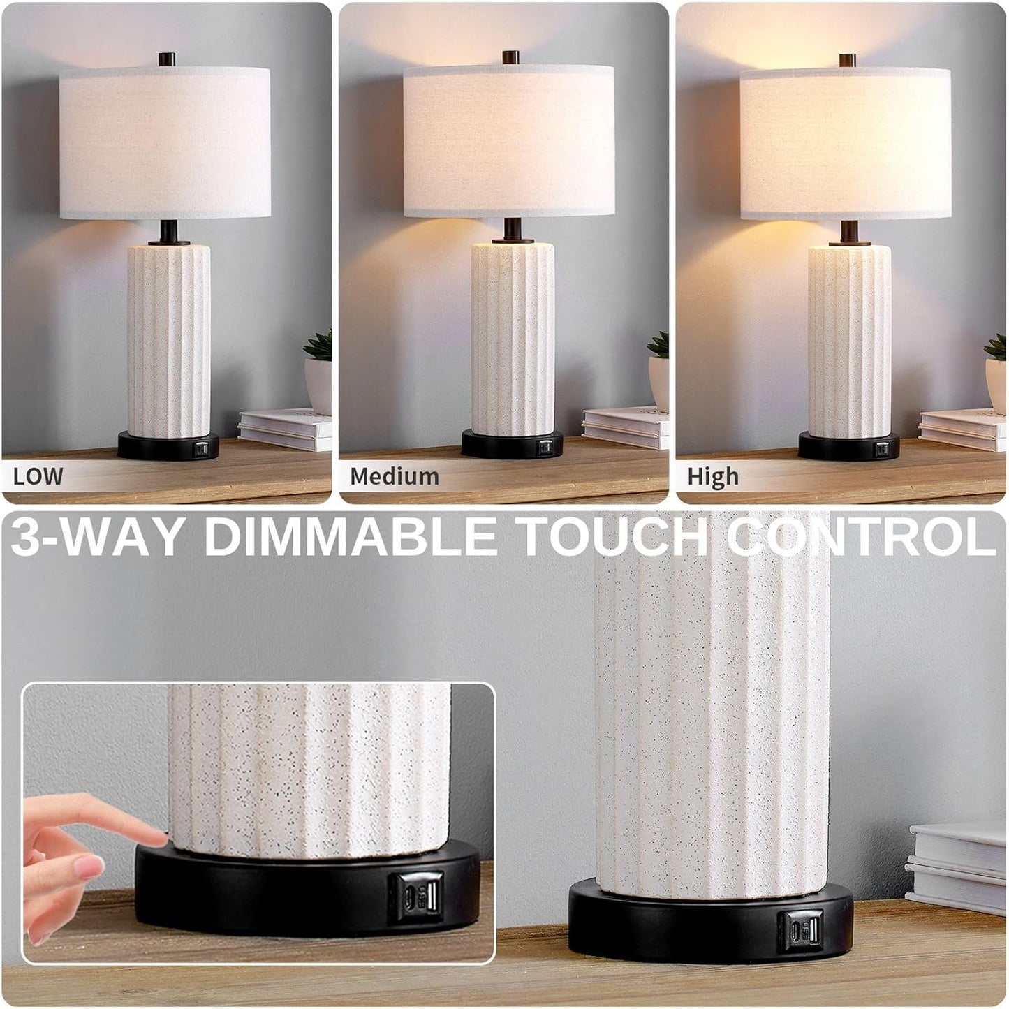KAWOTI White Ceramic Table Lamp Set of 2 for Living Room 3 Way Touch Control Bedside Lamps with USB Ports and AC Outlet (Bulbs Included)