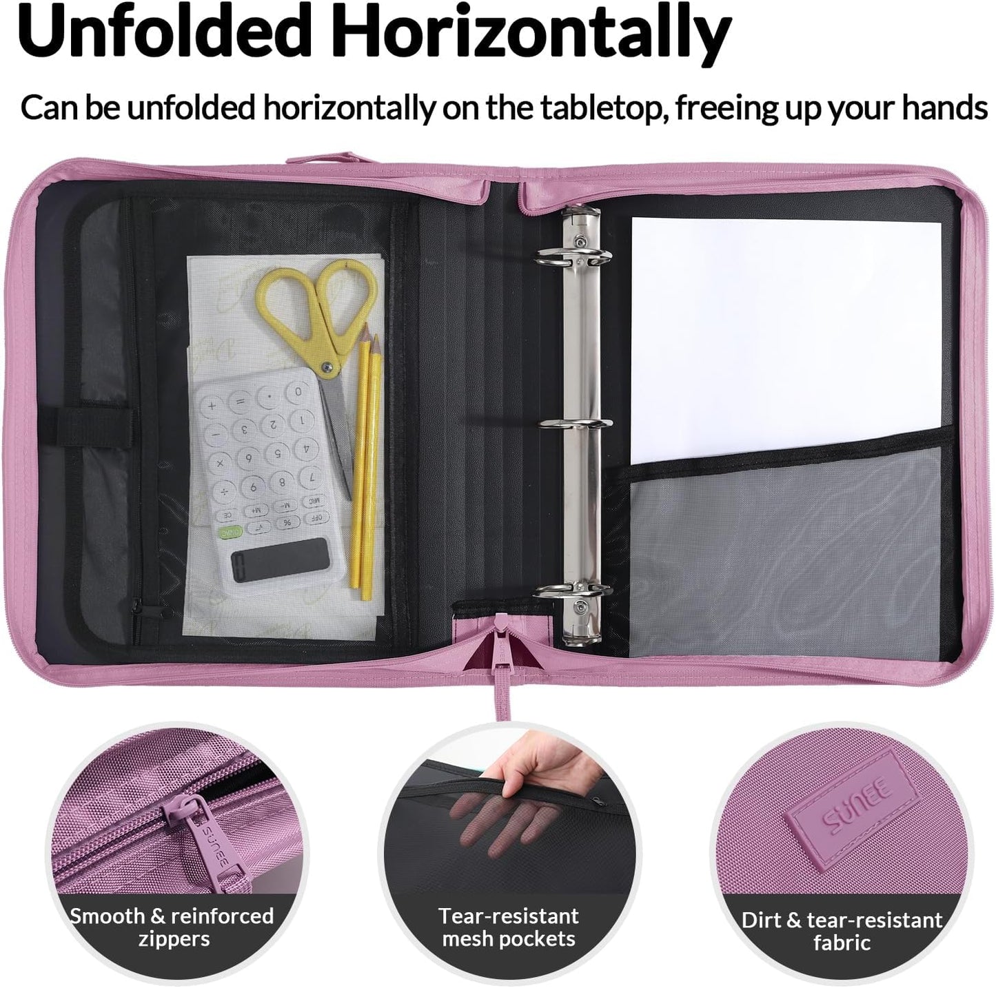 SUNEE Zippered Binder Bag with Handle, 2-Inch 3-Ring O-Ring, 500-Sheet Capacity, Includes Zip Pocket, 5-Tab Expanding File Folder, Multi-Pocket Organizer Binder for Middle School, Pink Lotus