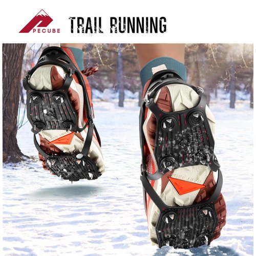 Pecube Ice Cleats for Shoes and Boots Men Women Trail Running 20 Stainless Steel Spikes Anti-Slip Footwear Traction Cleats Snow Grips Crampons for Hiking Ice Fishing Walking on Snow (Black-M)