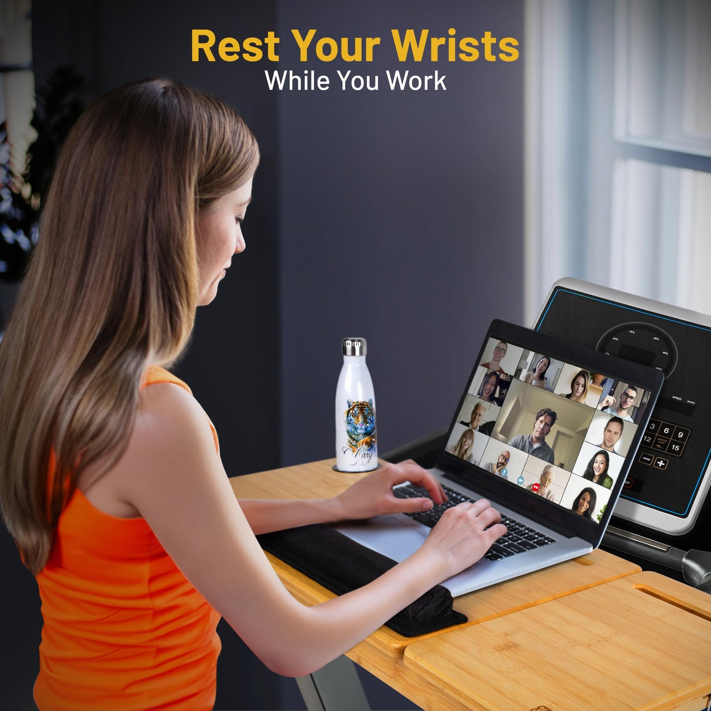 3J Group Treadmill Desk Attachment - Desk for Treadmill with Comfortable Wrist Rest Stable Straps Cup Holder Anti-Slip Pads Walking Desk Treadmill and Phone Slot, Fits Up to 32 Inch