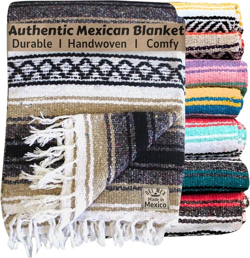 Del Mex Classic Mexican Blanket, Large Authentic Woven Falsa Throw (70"x50"), Artisan Southwest Décor for Beach, Yoga, Outdoors (Pink/Tan)