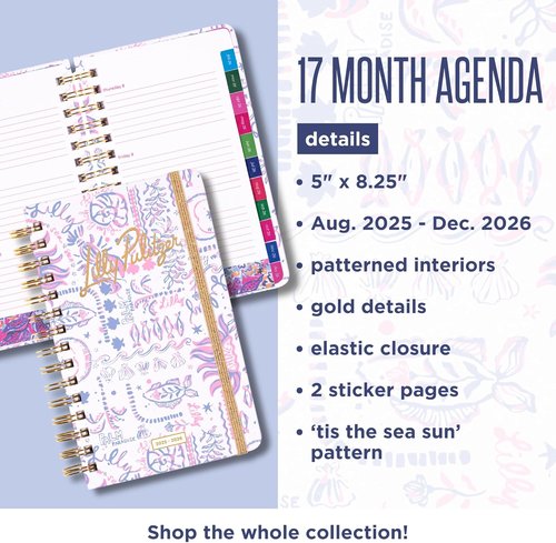 Lilly Pulitzer Medium Planner August 2025 - December 2026, Weekly Agenda & Monthly Calendar, Stickers, Pockets, Spiral Binding, 5" x 8.25" (Palm Beach Playground)