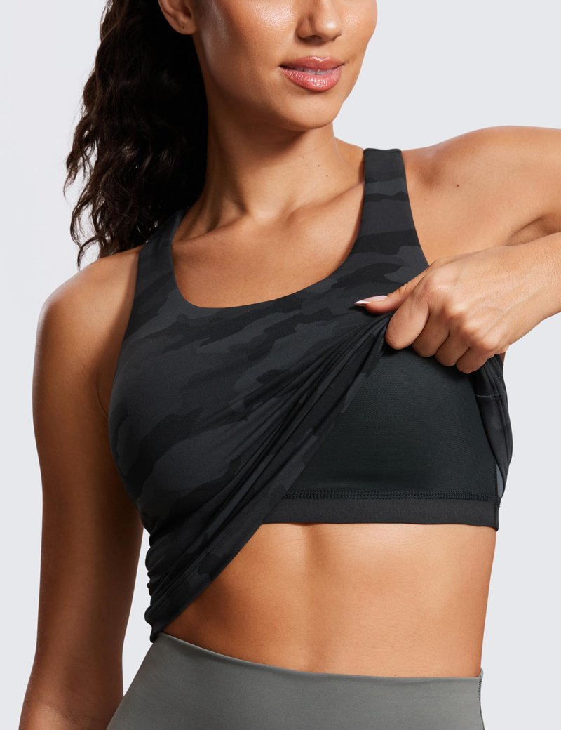 CRZ YOGA Butterluxe Workout Racerback Tank Tops for Women - Padded Athletic Spandex Yoga Shirts with Built in Bra Dark Grey Camouflage 2 Small