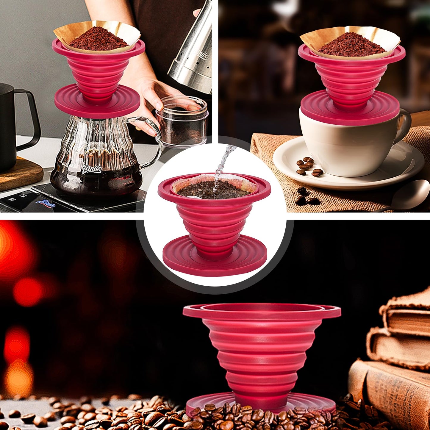 2 Pcs Collapsible Pour Over Coffee Dripper,Reusable Silicone Coffee Filter Holder,Food Grade Silicone,Suitable For Camping,Picnic,Party,Traveling,Office(Blue + Red)