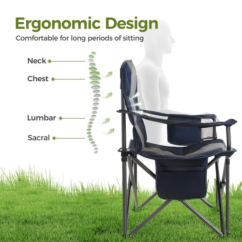 ALPHA CAMP 2PC Oversized Camping Chair Heavy Duty Lawn Chair with Cooler Bag Support 450 LBS Steel Frame Collapsible Padded Arm Quad Lumbar Back Folding Chair for Lawn Outdoor,Navy Blue