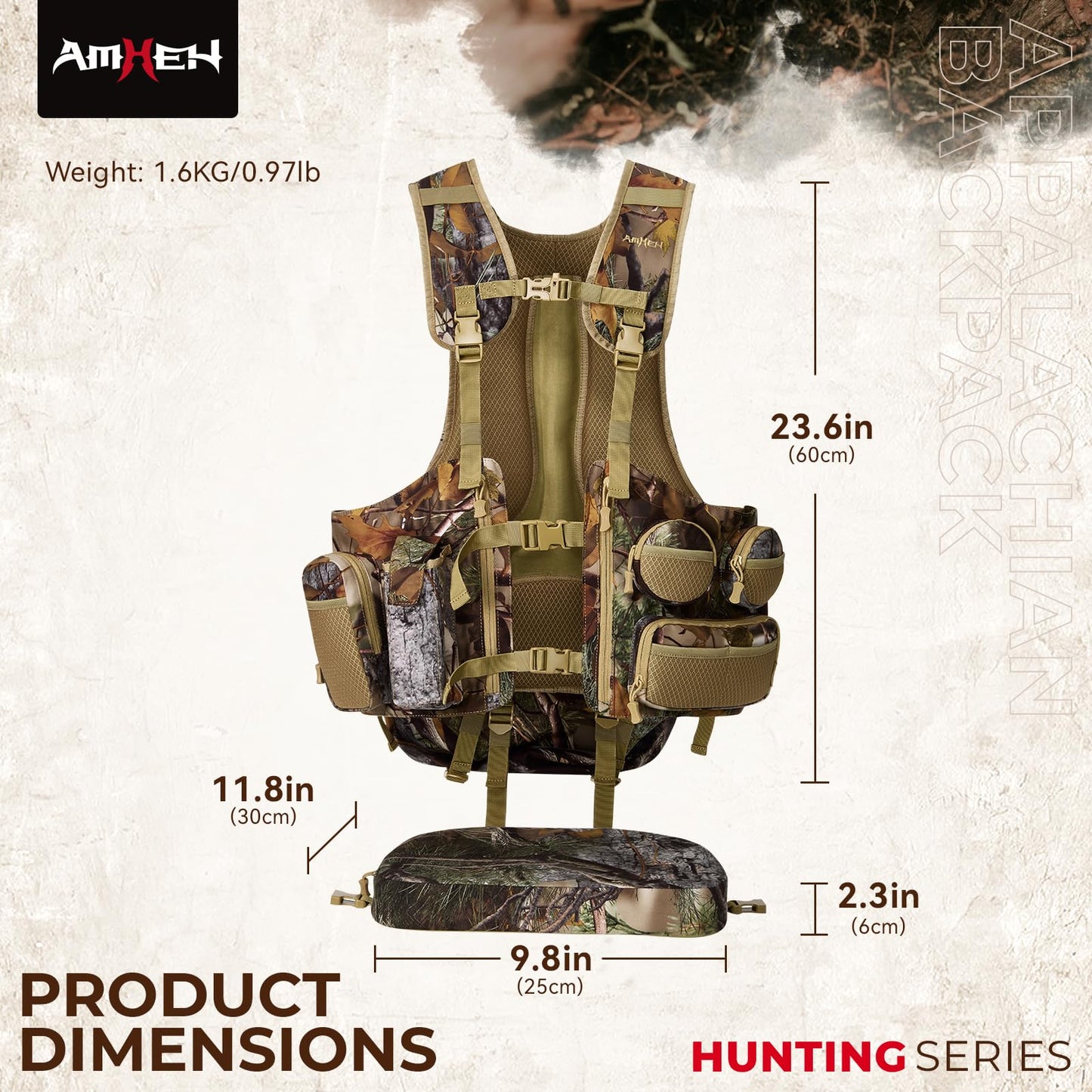 AMHEH Tactical Outdoors Vest for Men Hunting Vest with Magnetic Seat Cushion Game Pouch Adjustable Breathable Gear Accessories