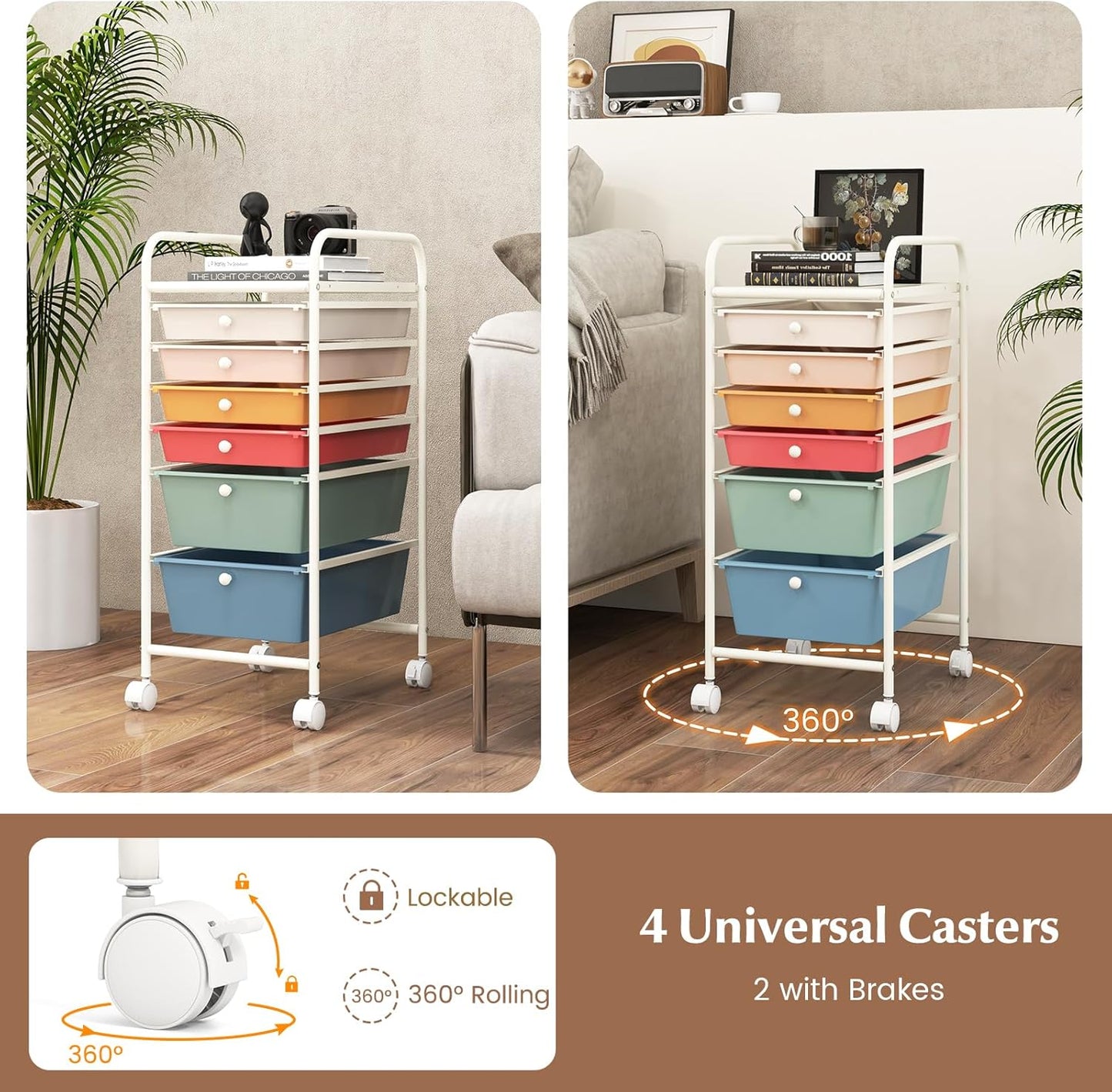 RELAX4LIFE 6-Drawer Rolling Storage Cart - Classroom Organization on Wheels w/Removable Plastic Drawers, Mobile Art Craft Cart for School Paper Home Office, Utility Cart with Drawers (Macaron)