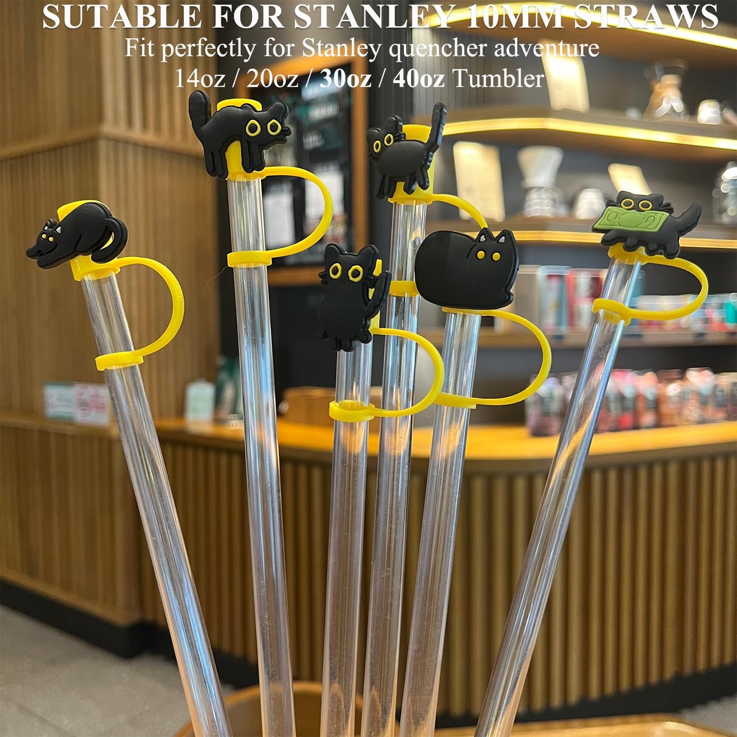 Amreich Cat Straw Cover Cap for Halloween Stanley Cup - 6PCs Cute Black Cat Straw Toppers for 30 40 Oz Tumbler with Handle Silicone Straw Tips Accessories for 10mm Straws