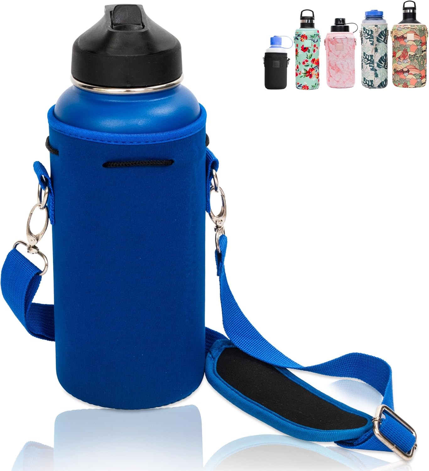 Insulated Neoprene Water Bottle Carrier | Adjustable Sling Pouch | Black, Large