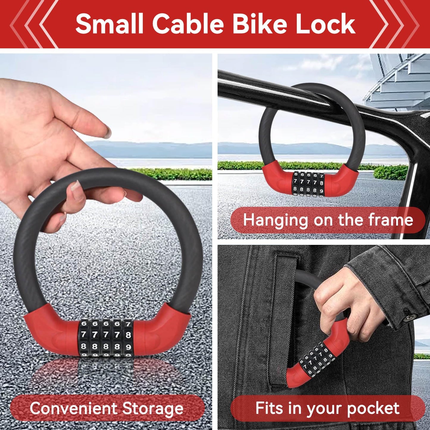 5 Digit Combination Bike Cable Lock, Lightweight Bicycle Lock Anti Theft Resettable Combination Portable Bicycle Cable Locks for Bike, 15inch, Red