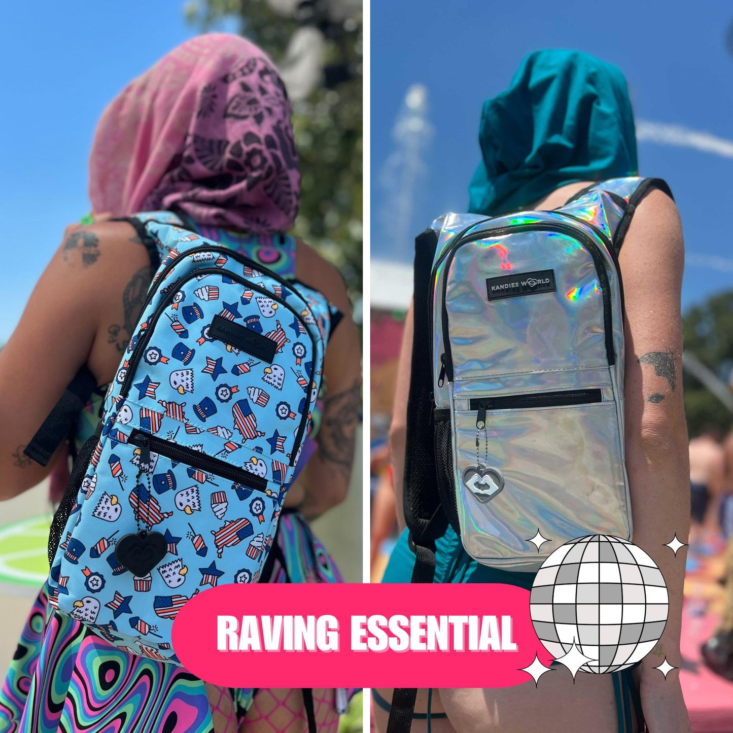 Kandies World Reflective Festival Hydration Pack - 2L Water Bladder for Raves, Hiking, Biking, Running, and More (Multi-Pocket Design) (Skull Alien)