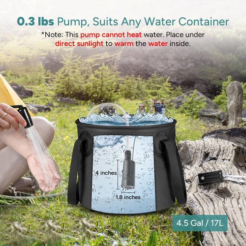 DR.PREPARE Portable Shower for Camping, Camping Shower with 4.5 Gallons Foldable Bucket, USB Rechargeable Battery, 2 Shower Heads, Outdoor Camp Showers for Hiking, Travel, Climbing, Pet Cleaning