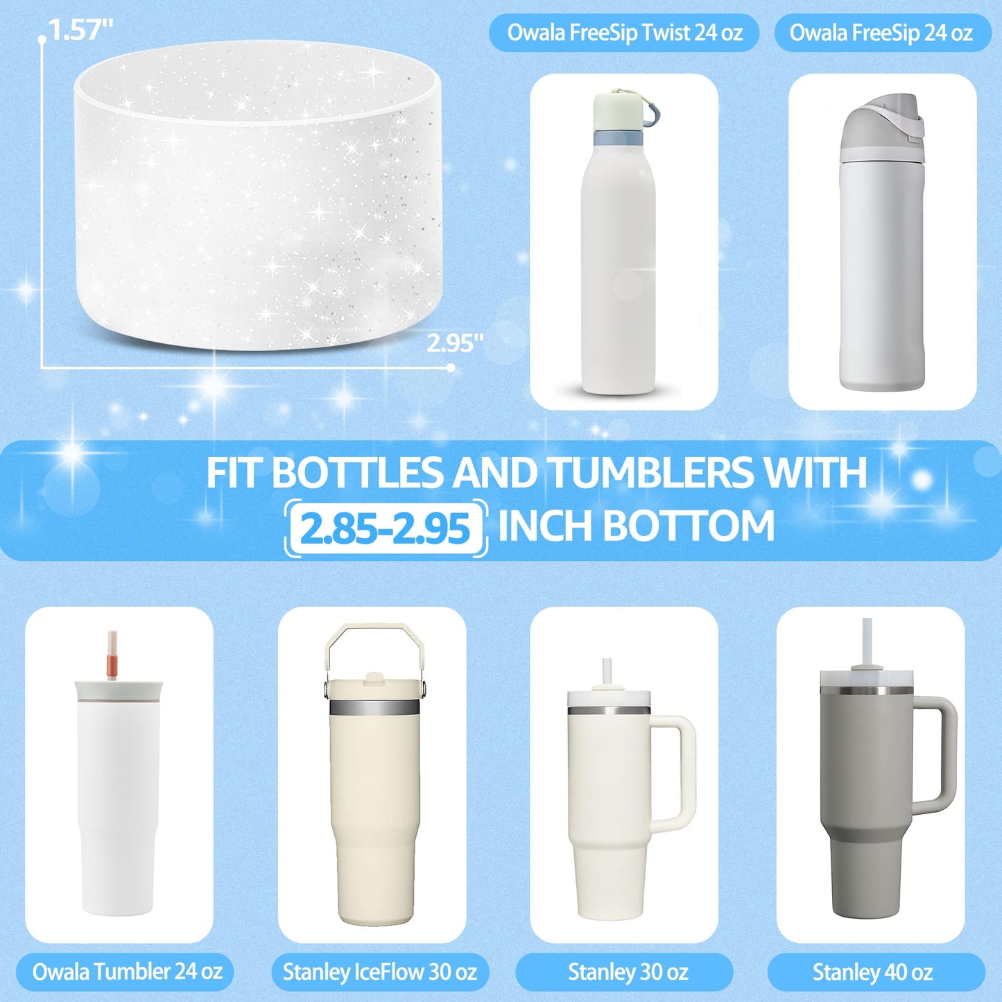 2 PCS Protective Glitter Silicone Boot for Owala 24oz Freesip Twist, Water Bottle Boot Accessories, No Scratche Bottom Bumper Protector for Cup with 2.85-2.95" Bottom, Bling No-Slip Sleeve Cover White