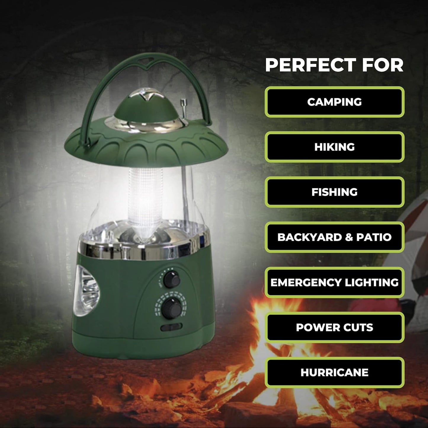 190485 12-LED Lantern with 4-LED Flashlight & AM/FM Radio (Green)