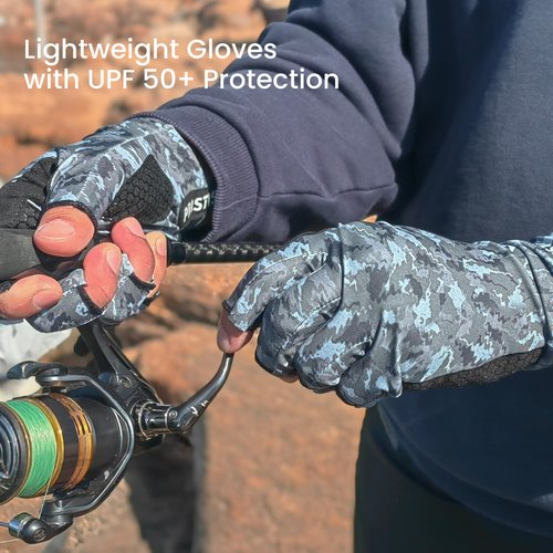 Pristis Half-Finger Fishing Gloves, UPF 50+ Breathable Quick Drying UV Protection Thin Fingerless Sun Gloves for Women Men, Fly Fishing Kayaking Hunting Hiking Saltwater, Wasteland CAMO, L-XL