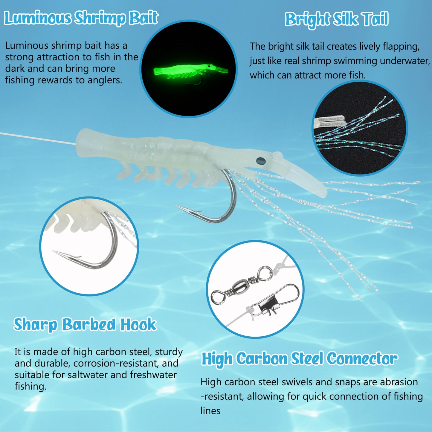 10 Packs Fishing Shrimp Lure Rigs Kit - Glow in The Dark Shrimp Baits Rigs Saltwater Fishing Rigs Tackle with Fishing Hooks for Freshwater Saltwater (Mixed Size)