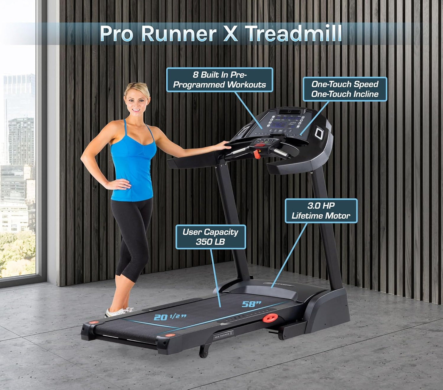 Pro Runner X Treadmill - Heavy Duty Home Construction - FreeSync FTMS Bluetooth Connectivity - Low 6.5" Step-up Height - Foldable Compact Storage - Orthopedic Belt - 350 lb Capacity