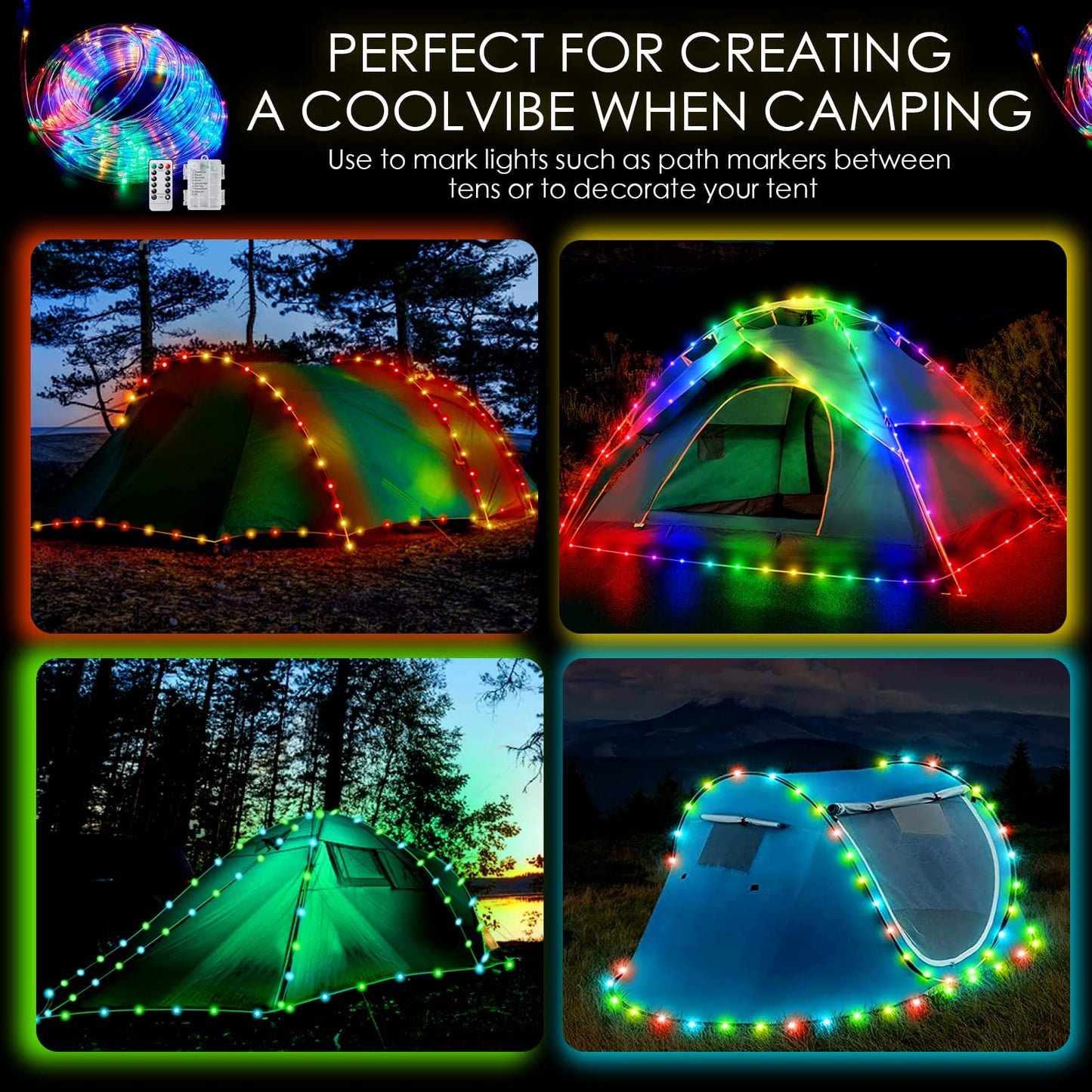 Camping Tent String Lights, 40Ft 120 LEDs 8 Modes Color Changing LED Rope Lights Battery Powered with Remote Control, Outdoor Waterproof LED Tent Light Great for Camping, Canopy, Hammock, Trampoline