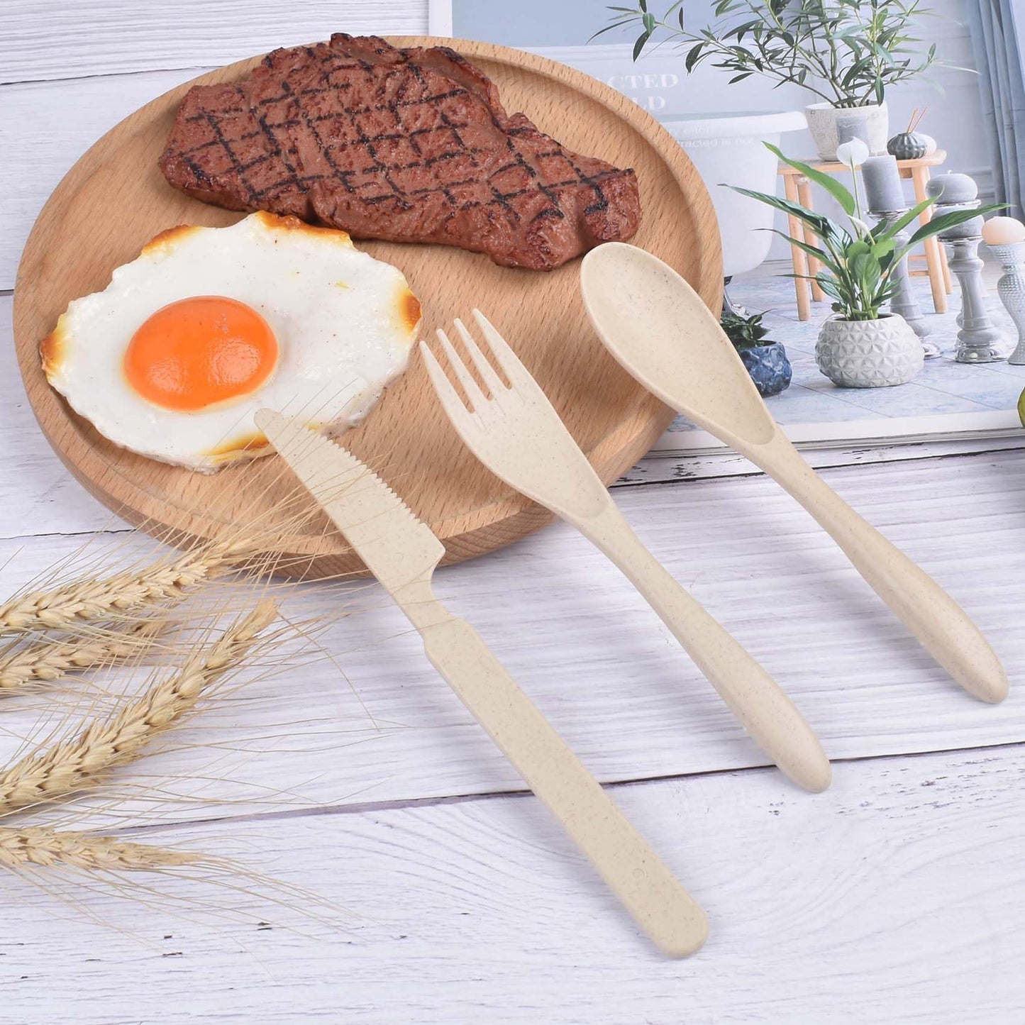 Forks Spoons Knife Set, 21 Pieces Wheat Straw Cutlery Set, Reusable Utensil Set for 7, Unbreakable and Lightweight Utensils for Party, Travel, Work, Lunch, Picnic, Camping or Daily Use (Beige)
