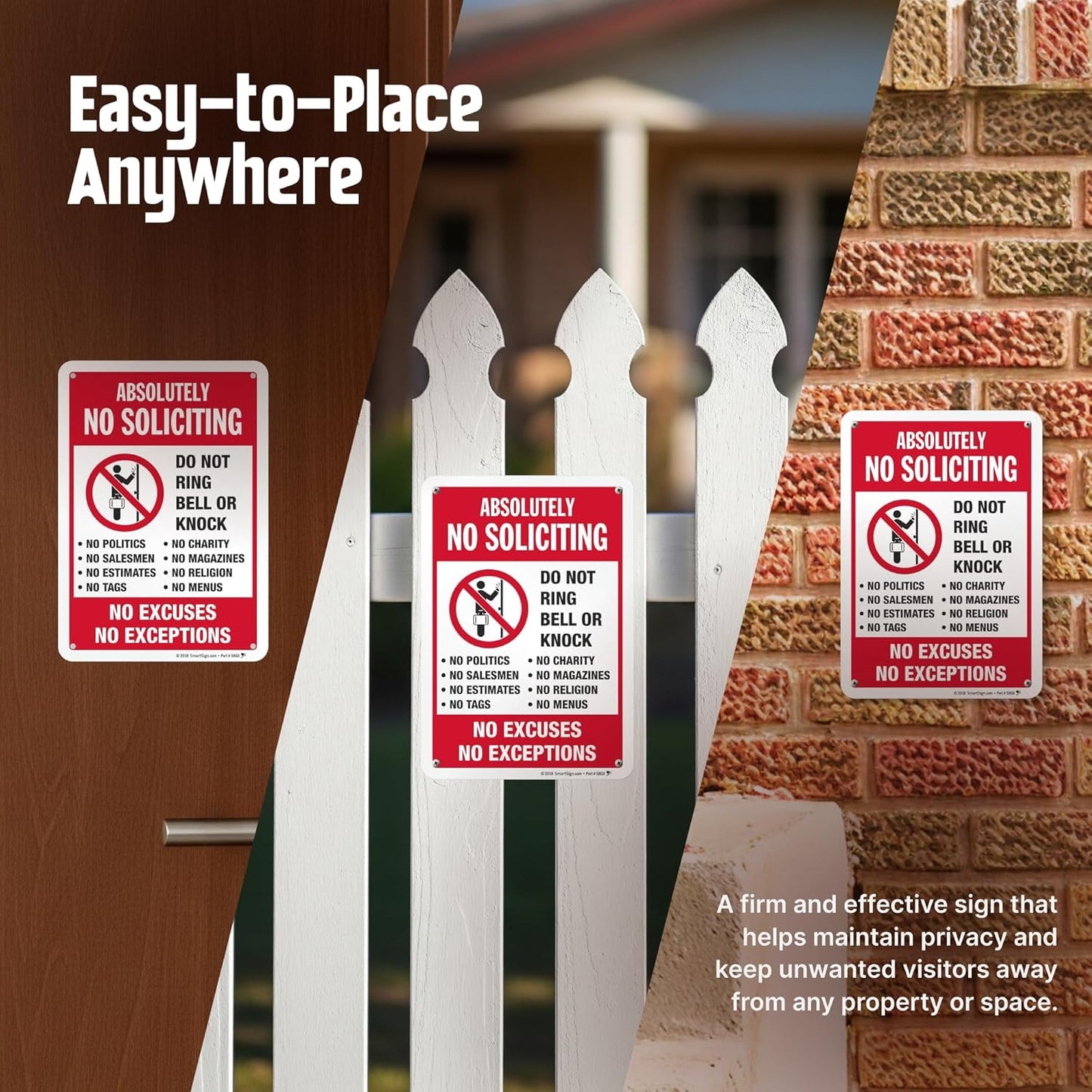 SmartSign 10" x 7" 'Absolutely No Soliciting Do Not Ring Bell No Excuses No Exceptions' Metal Sign, 40 mil Aluminum 3M Laminated Engineer Grade Reflective Material, Red/Black/White, USA-Made