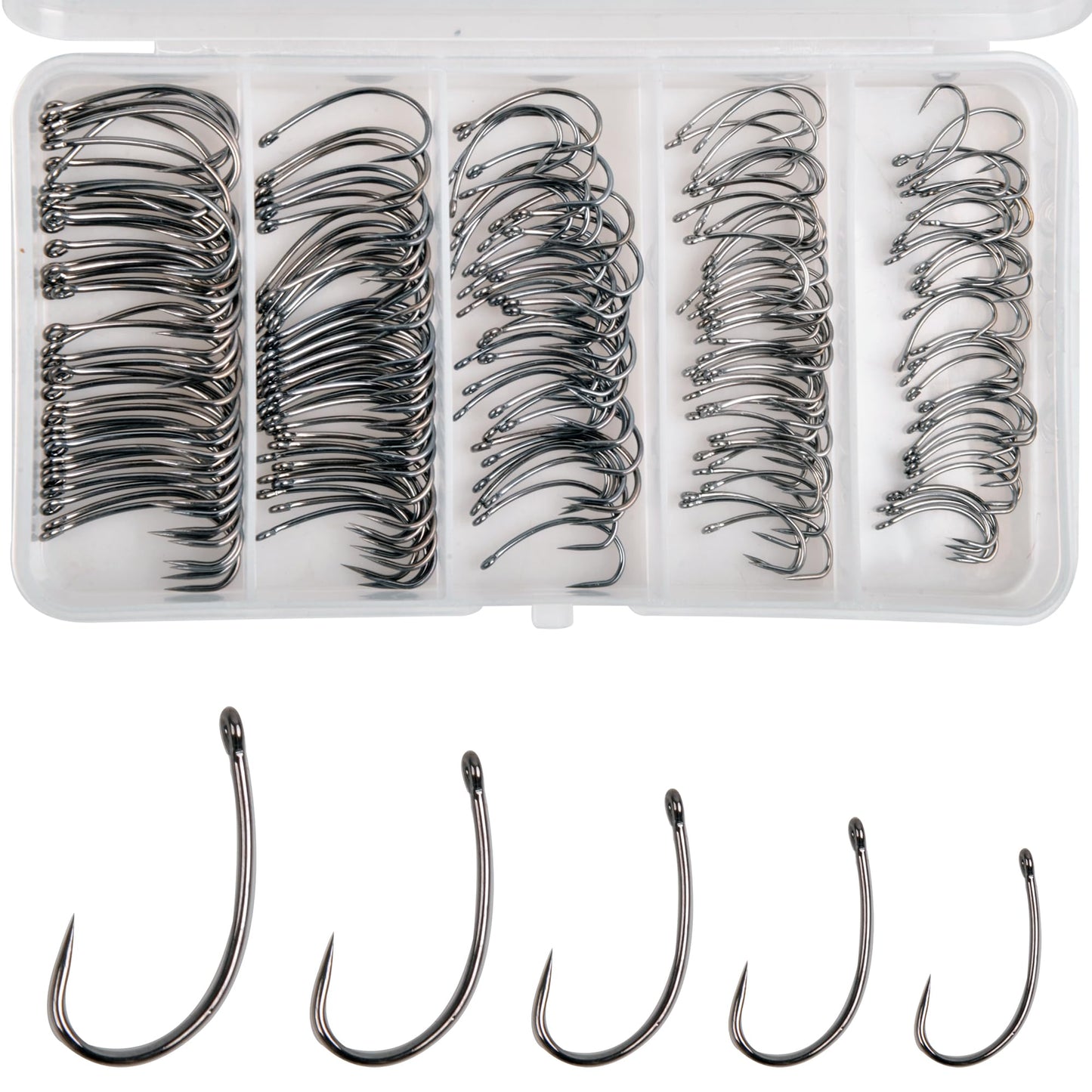 175pcs Barbless Fishing Hook Kits,Small Size Carp Fishing Hooks Curve Shank Crank and Wide Gape Fly Tying Hooks Circle Hook with Tackle Box Size 2#,4#,6#,8#,10#