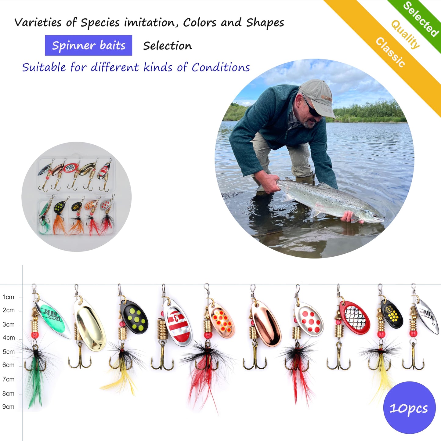 EXAURAFELIS 10PCS Trout Fishing Lures Kit Spinnerbait Rooster Tail Spoon Lures for Bass Salmon Spinner Baits with Tackle Box