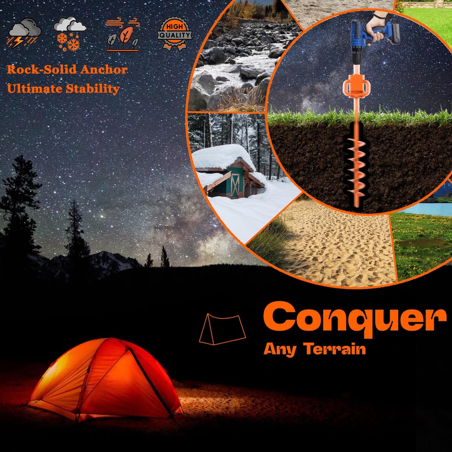 15in Screw in Tent Stakes for 2025 - Ground Anchors Screw in, with Tent Stakes Heavy Duty Adapter & 30ft Nylon Rope – Perfect for Tent Anchors, Ground Anchors Heavy Duty(Orange,6PCS)