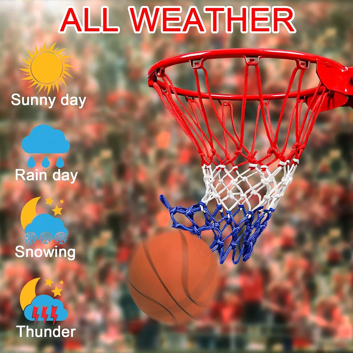 Heavy-Duty Basketball Net Replacement | All-Weather Anti-Whip | 12 Loops (Red/White/Blue)