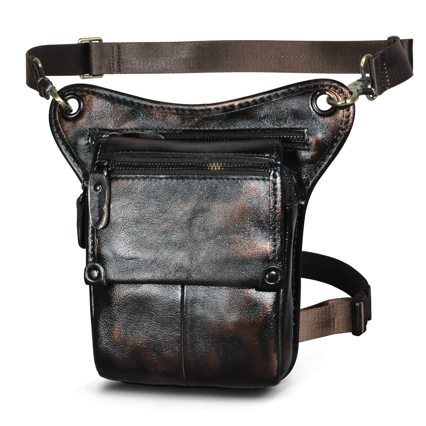 Le'aokuu Mens Womens Leather Tactical Motorcycle Outdoor Travel Waist Pack Drop Leg Thigh Hip Bum Bag With Strap 211-4 (Coffee and Black)