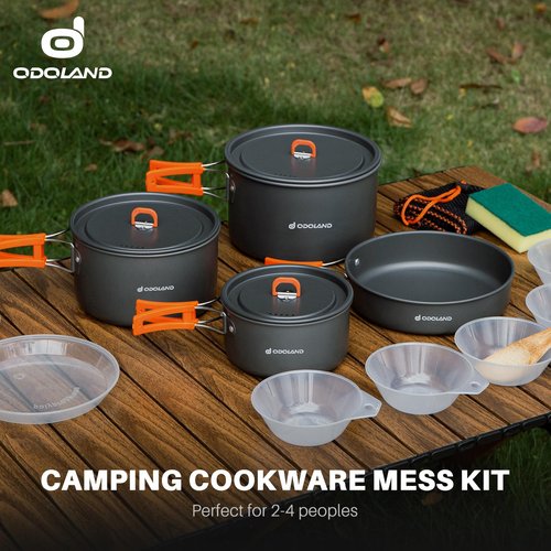 Odoland 15pcs Camping Cookware Non-Stick Lightweight Camping Pots and Pans Set with Plastic Plates Bowls Soup Spoon for Camping, Backpacking, Outdoor Cooking and Picnic