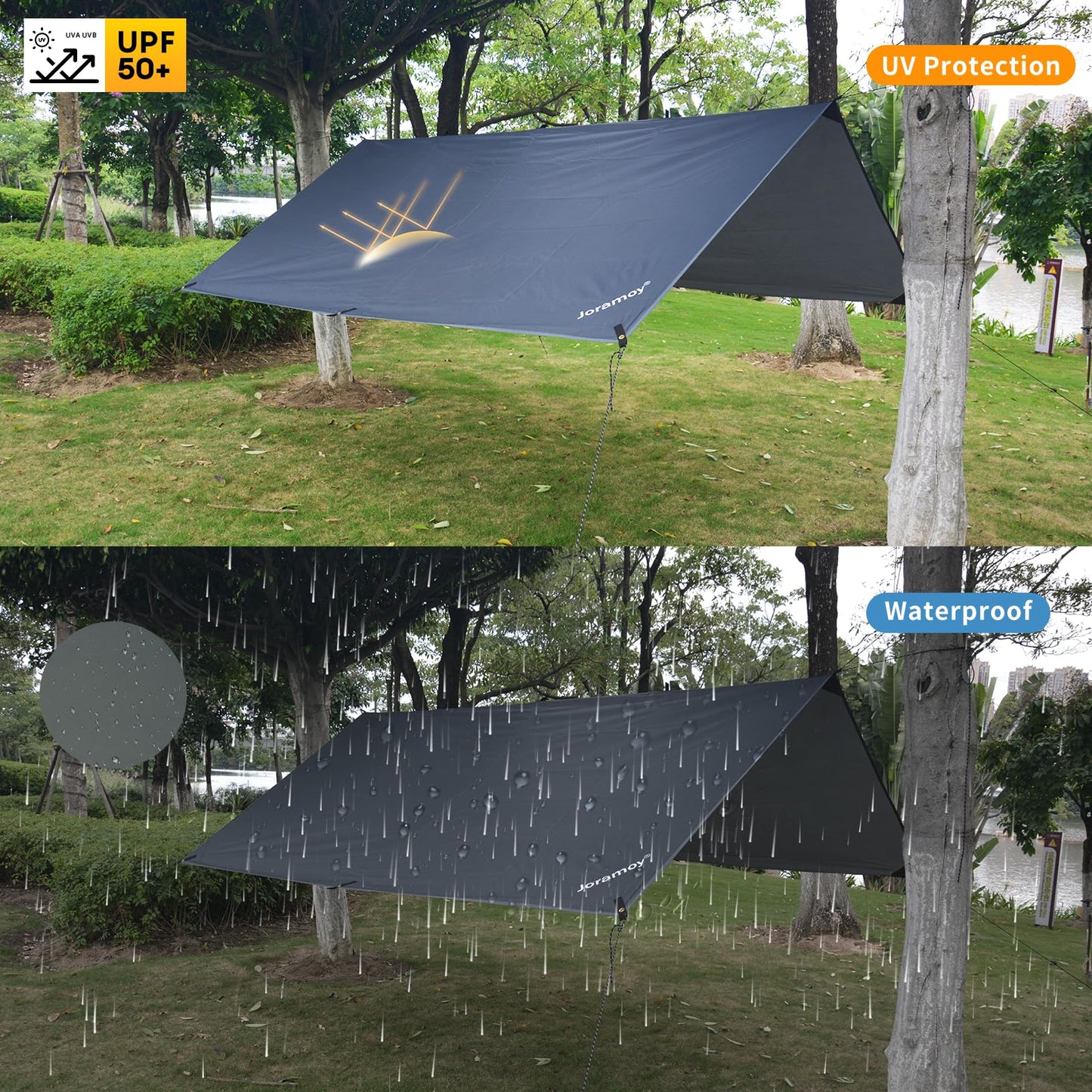 Joramoy Hammock Rain Fly 10Ć10FT - Waterproof Camping Tarp Portable Tent Tarp Premium Backpacking Tarp Sheleter with UV Protection Layer for Camping Hiking Outdoor(Gray)
