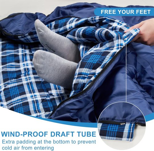 AGEMORE Cotton Flannel Double Sleeping Bag for Camping, Backpacking Or Hiking. Queen Size 2 Person Waterproof Sleeping Bag for Adults Or Teens. Lightweight with Compression Sack