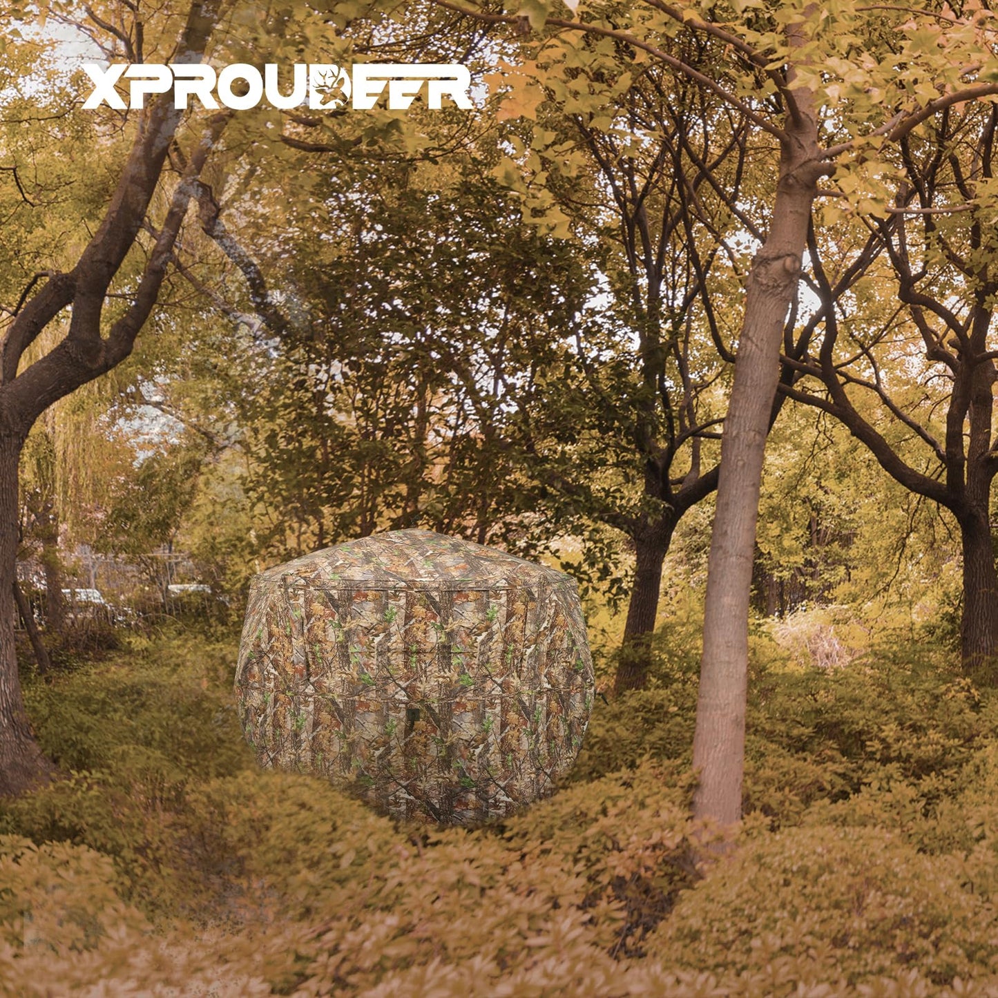 XProudeer Extra Large Hunting Blind 5-Sided Hunting Ground Blind for 3-4 Person 288 Degree See Through Deer Blinds Portable Camouflage Pop Up Blinds