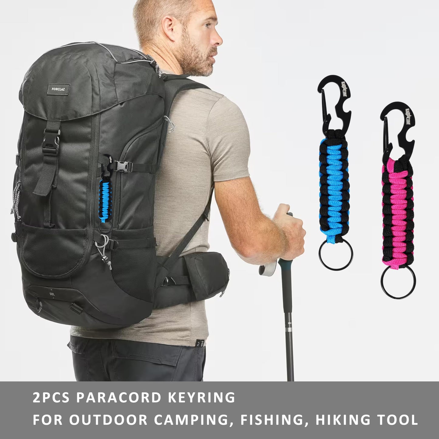 Kadactive Paracord Keychain Bottle opener - 2Pcs Carabiner Keychains for Backpack, Camping, Survival. Paracord Key Chains Men Woman Black-Pink LightBlue