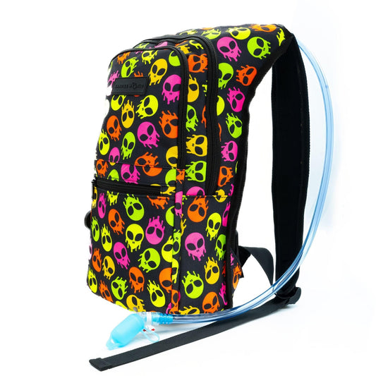 Kandies World Reflective Festival Hydration Pack - 2L Water Bladder for Raves, Hiking, Biking, Running, and More (Multi-Pocket Design) (Skull Alien)