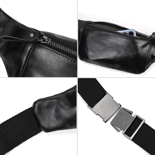 LUUFAN Men's Leather Waist Bag Multiple Pockets Slim Fanny Pack Adjustable Belt bag for Outdoor Running Hiking and Travel (Black)