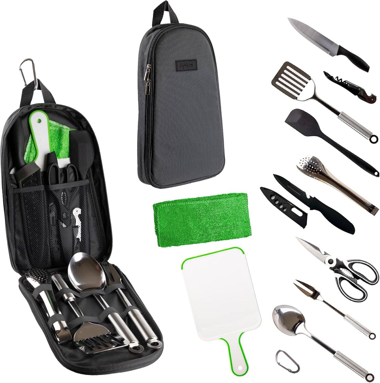 12 Pcs Camp Cooking Utensil Set & Outdoor Kitchen Gear Cookware Kit, Portable Compact Carry Case for Camping, Hiking, Travel, BBQ Grilling Stainless Steel Accessories Spoon & Fork, Navy