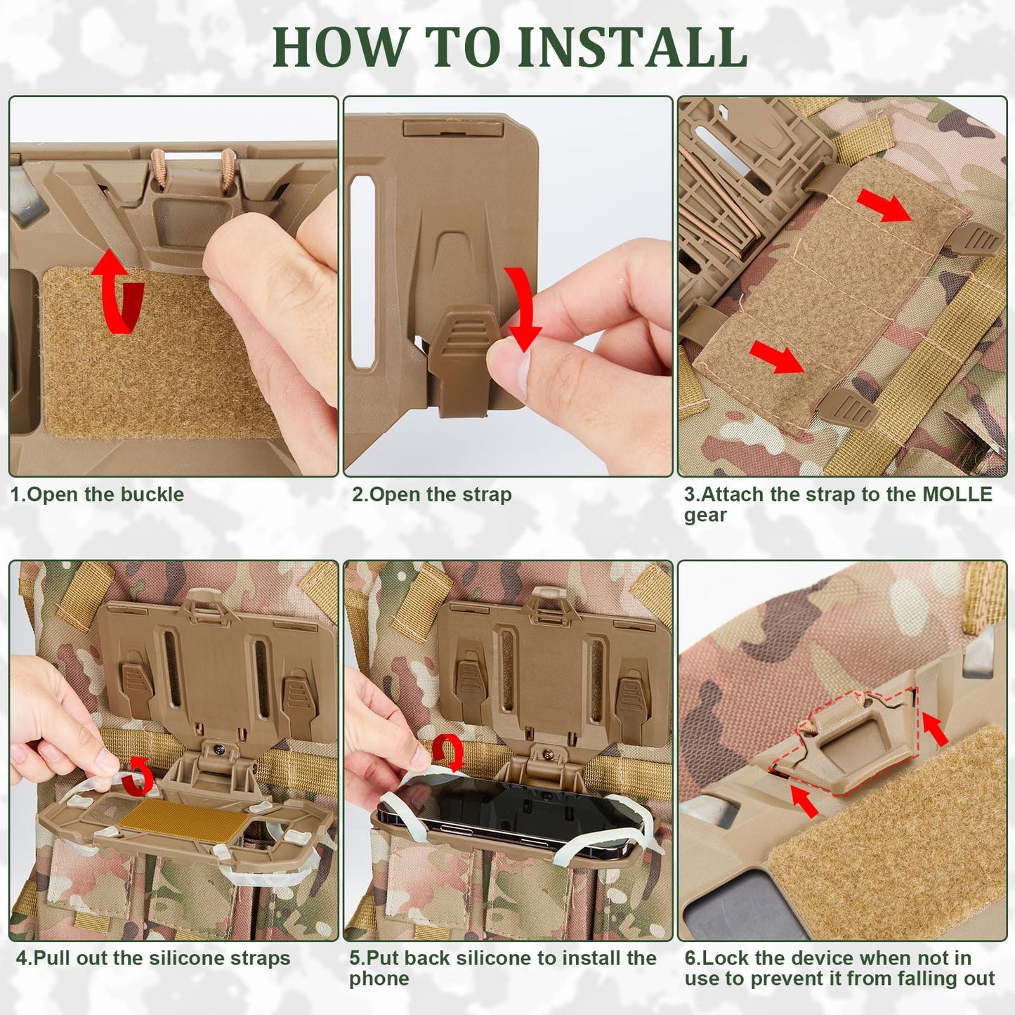 AGPTEK Universal Molle Tactical Phone Holder - Chest Mount for Tactical Vests and Plate Carriers, Phone Mount Fits 4.7"-6.7" Cell Phones, Ideal for Outdoor Paintball, Airsoft, and Hunting(Tan)