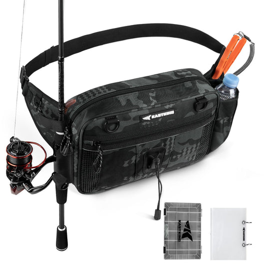 KastKing BaitSpace Waist Bag – Waterproof Tackle Storage Bag With Adjustable Belt, Fishing Fanny Pack for Men, Soft Bait Organizer, 3600 Utility Box, Rod Holder, Nylon, Black Camo