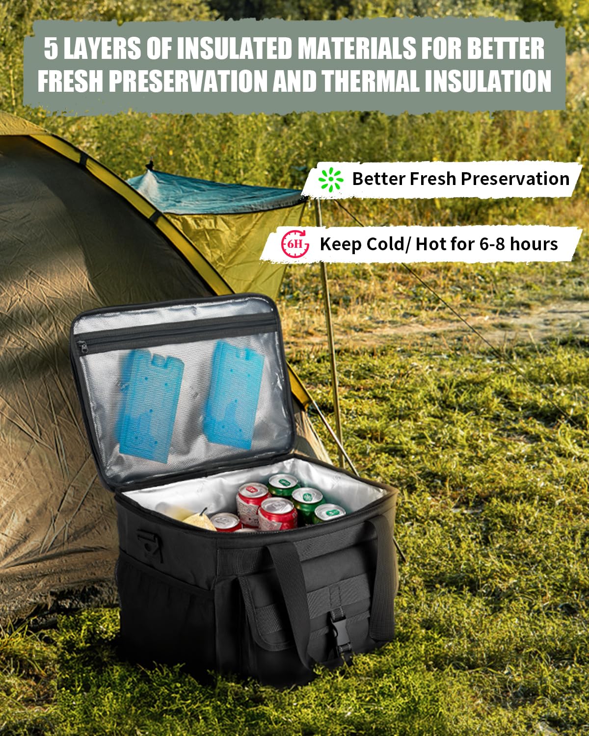 JOYHILL Soft Cooler Bag, Large Insulated Ice Chest Box for Lunch, Leakproof Portable Beach Cooler with Shoulder Strap for Camping,Travel,Picnic, Food Delivery, Green, 30 L/40 Can