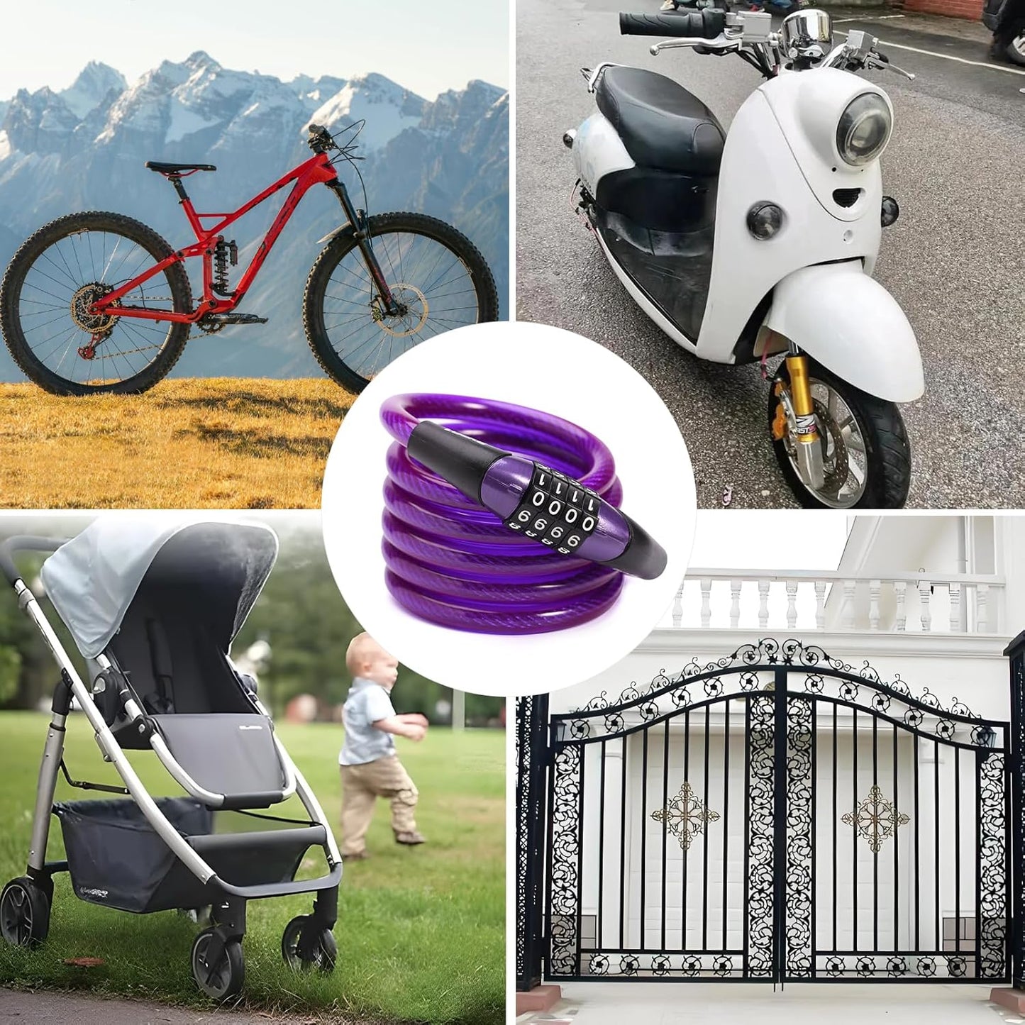 Combination Bike Cable Lock, Lightweight Mini Bike Lock for Kids Bike,Cable Size 1/3" x 4', Purple Security Resettable Cable Lock