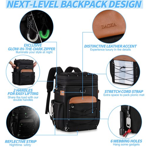 BAOXA Cooler Backpack with Insulated Waterproof Cover (Extra), 42 Cans Backpack Coolers Insulated Leak Proof, Large Portable ice Chest Backpack for Camping Picnic Beach (Black)