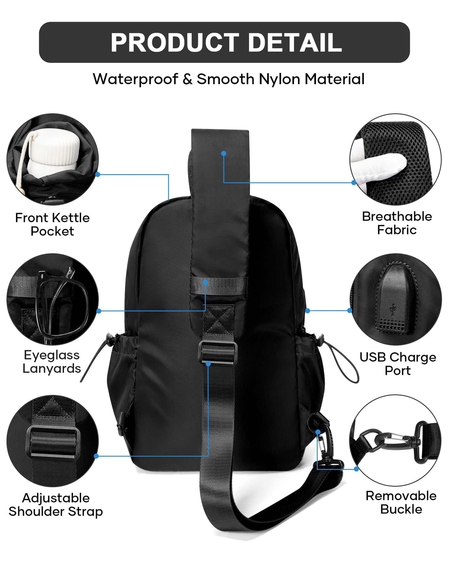 Black Sling Crossbody Bag for Men Women, Tactical Backpack Shoulder Daypack Mini Anti-Theft Cross Body Motorcycle Chest Bags, Small One Strap Fanny Back Pack for Casual Travel Hiking Sport Gym