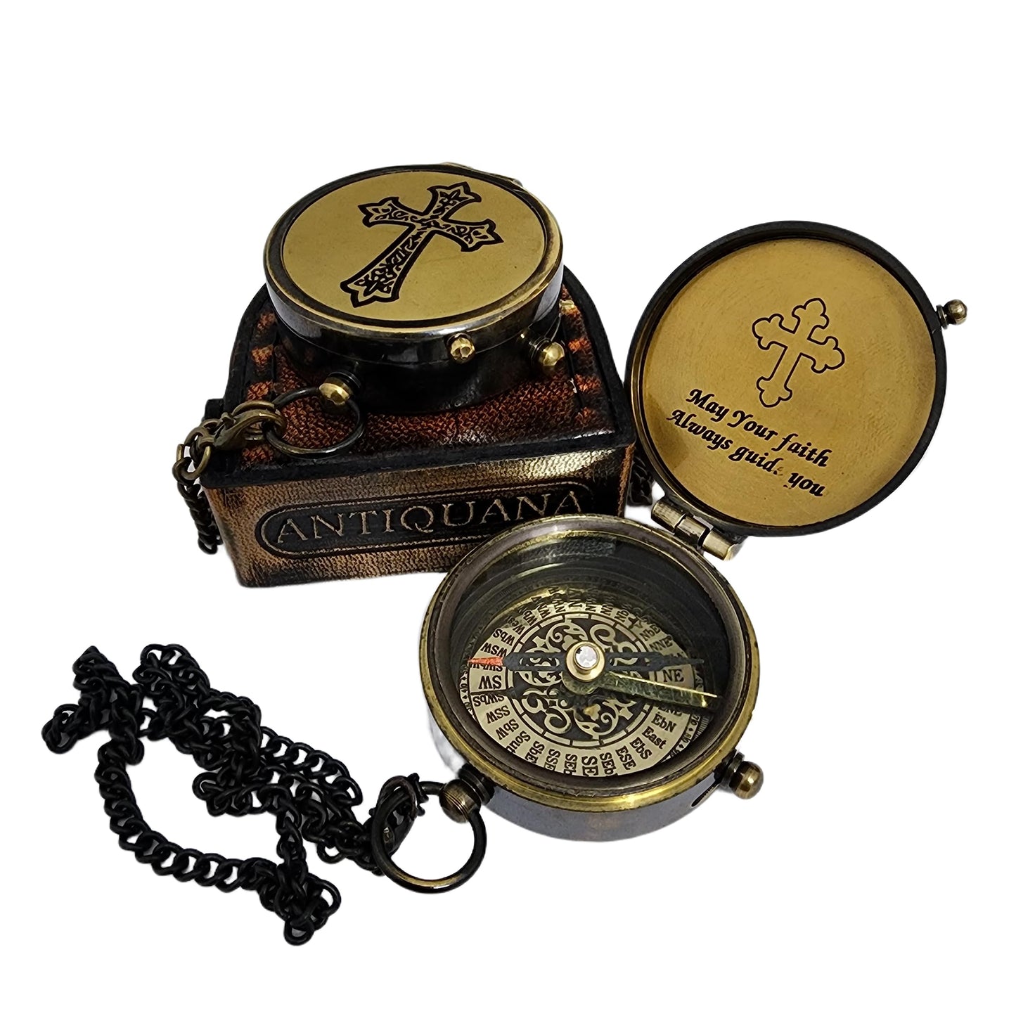 ANTIQUANA Trust in The Lord Engraved Compass with Authentic Leather Case Brass Compass Directional Compass, Baptism Gifts for Boys & Girls, First Communion (May Your Faith withLeather case)