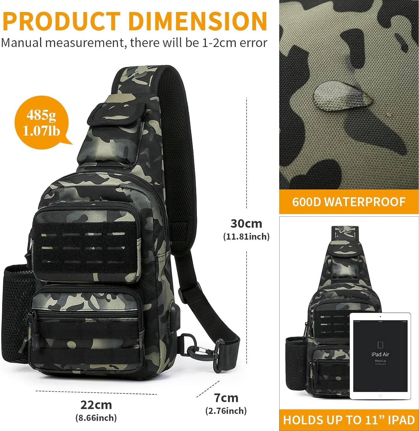 HUNTVP Small Tactical Sling Chest Pack Bag Molle Daypack Backpack Military Crossbody,Type1- ACU Camouflage