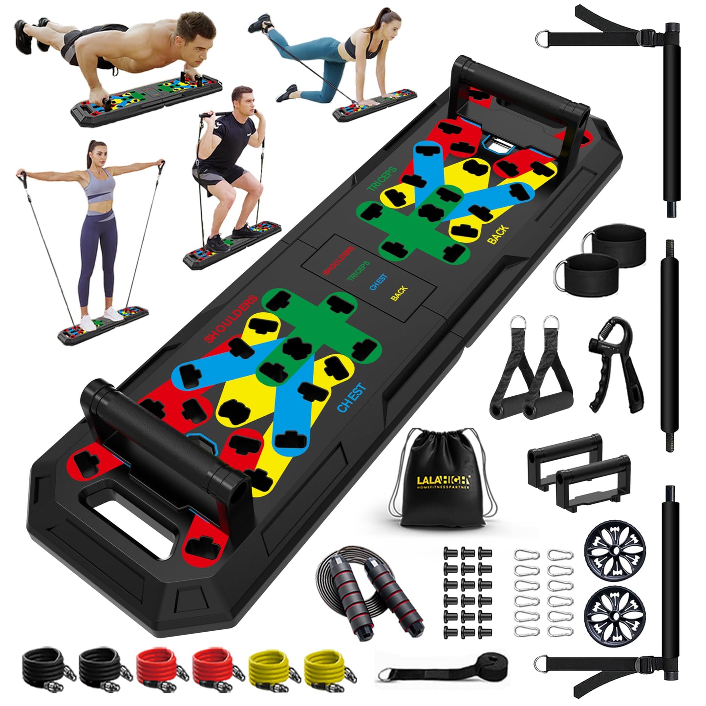 LALAHIGH Home Gym Kit, All-in-One Fitness Equipment with Push-Up Board, Resistance Bands with Bar, Pilates Bar, Pulley and Multi-Functional Training Board for Exercise Strength Training.